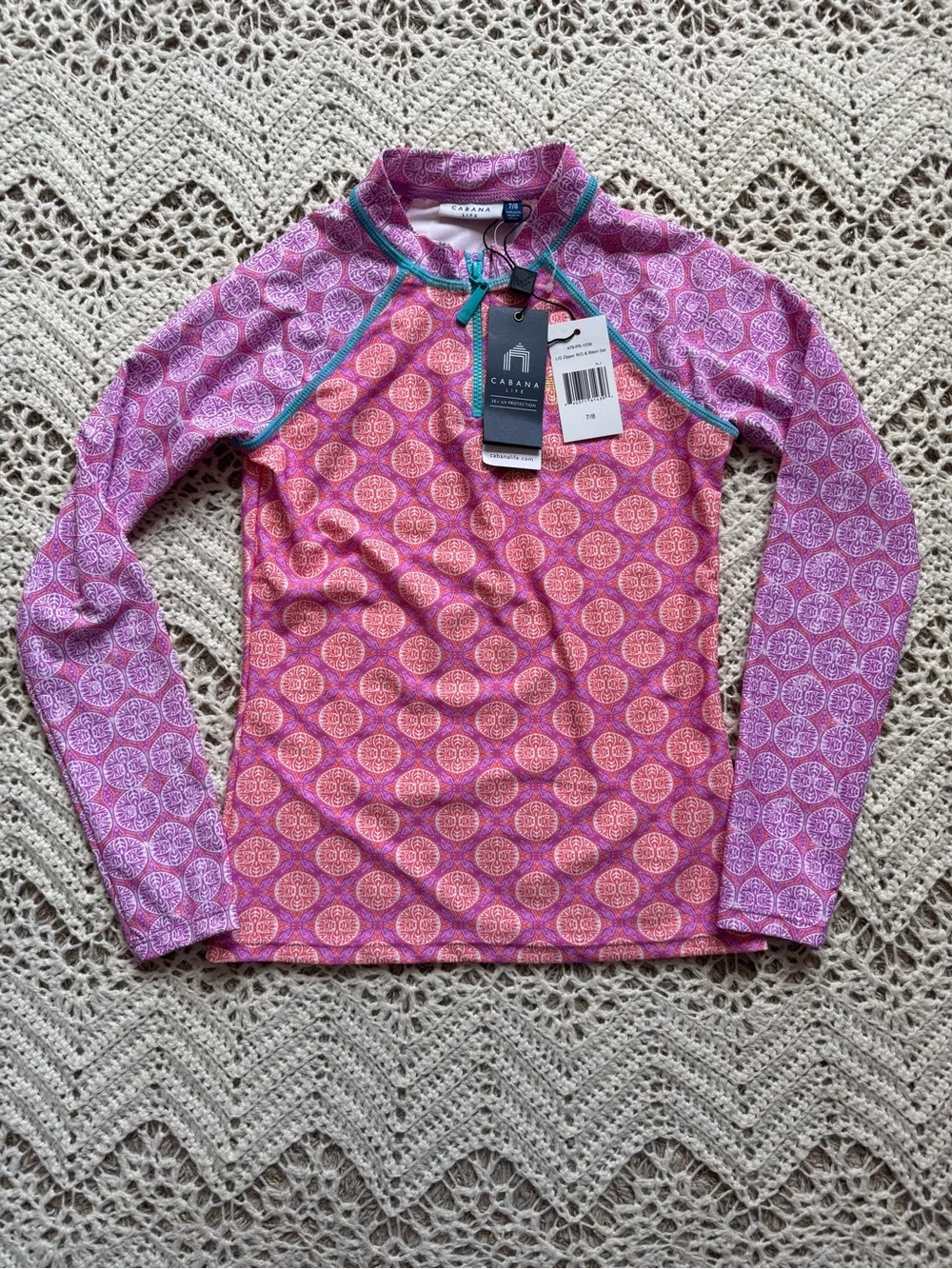 NWT Cabana Life Pink & Purple Girls' Long-Sleeve Rashguard Three-Piece Bikini